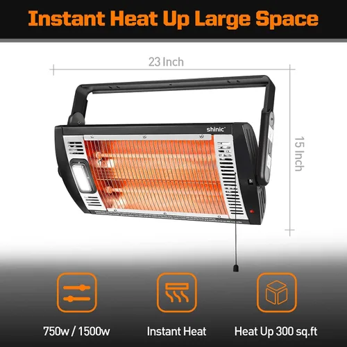 Vista 4 de Shinic Paquete de 2 calentadores eléctricos de garaje, 1500 W/750 W, calentadores radiantes con luz halógena, rotación de 90 grados, 5 ajustes