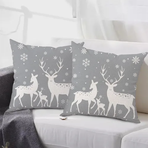 Vista 2 de Juego de 2 fundas de almohada de Navidad grises de 18 x 18 pulgadas, juego de 2 fundas cuadradas decorativas de lino con copos de nieve de ciervos