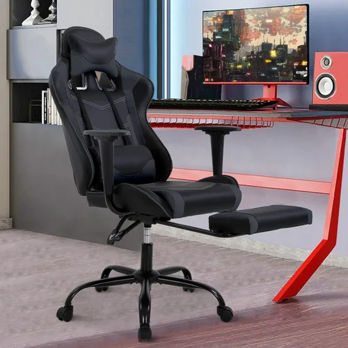 Vista 8 de Silla para videojuegos, silla reclinable de piel sintética con soporte lumbar, reposacabezas y respaldo alto, silla de oficina de carreras, silla