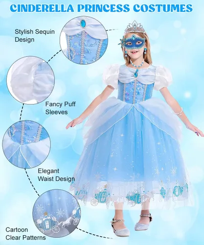 Vista 2 de TOLOYE Princess Costumes for Girls, Cinderella Dress Up Clothes with Accessories for Birthday Party Halloween Cosplay