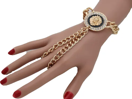 Vista 9 de Pulsera de cadena de mano para mujer, diseño de león, anillos de esclavo, metal dorado, Metal