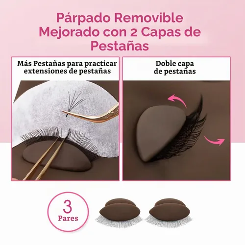Vista 2 de 3 pares de párpados de práctica de pestañas de 2 capas para cabeza de maniquí, goma de silicona, párpados de extensión de pestañas realistas Oscuro