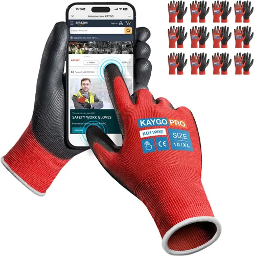 Vista 41 de KAYGO KG11PB - Guantes de trabajo de seguridad con revestimiento de poliuretano, 12 pares de guantes de punto sin costuras para hombres y mujeres