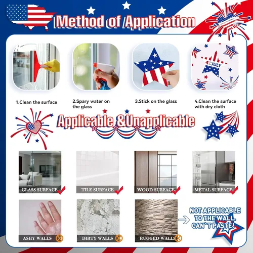 Vista 7 de Decoraciones patrióticas para ventanas del 4 de julio, 9 hojas de calcomanías de ventana de bandera estadounidense para ventanas de vidrio