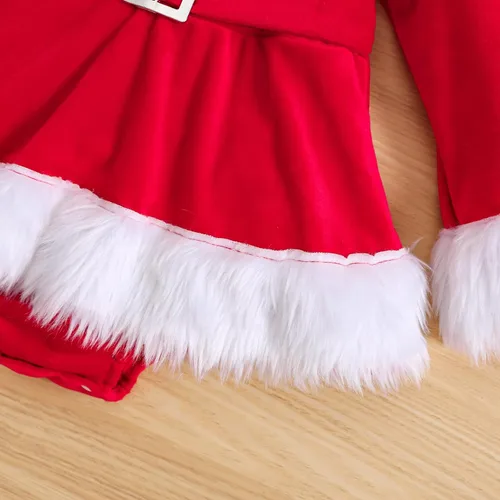 Vista 5 de Disfraz de Navidad para bebé y niña, traje de Papá Noel, conjunto de mameluco de terciopelo con diadema, ropa cálida de invierno