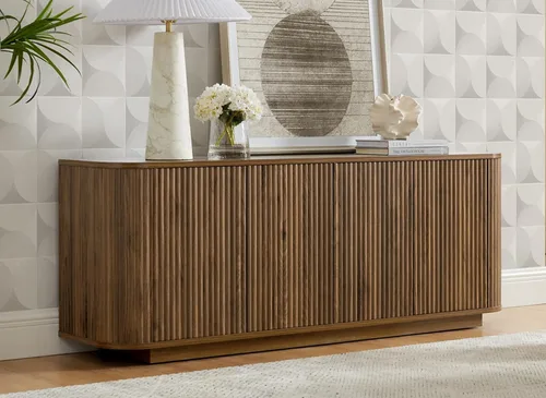 Vista 19 de LKTART Aparador de 64 pulgadas con almacenamiento, armario de almacenamiento de madera acanalada, aparador Credenza con estantes ajustables, resorte