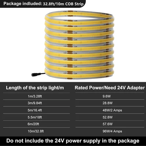 Vista 6 de GIDEALED Tira de luz LED COB de 32.8 pies, 24 V, 6000 K, tira de luces LED blancas superbrillantes, luz blanca fría, tira LED FCOB flexible CRI 90