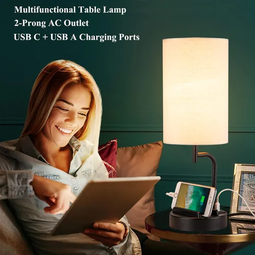 Vista 4 de Lámpara de mesa USB con control táctil Dreamholder, lámpara de noche mejorada de 3 vías regulable con puertos de carga USB C & A y tomacorriente AC