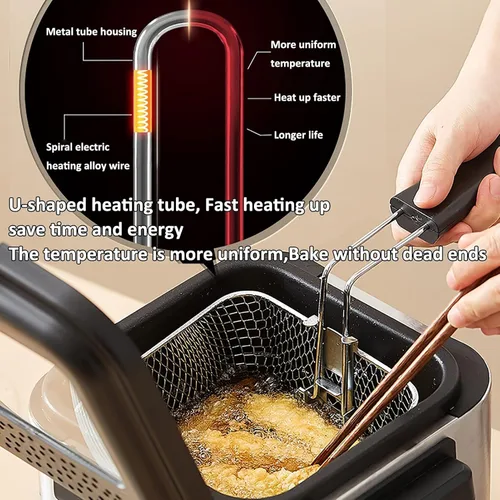Vista 6 de Freidora eléctrica de acero inoxidable de 2.5L/2.64 cuartos de galón con cesta extraíble y ventana de visión, control de temperatura, piezas aptas