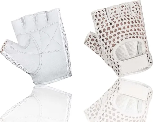 Vista 5 de Guantes de cuero sin dedos para levantamiento de pesas, ejercicio para silla de ruedas, color blanco W 1061