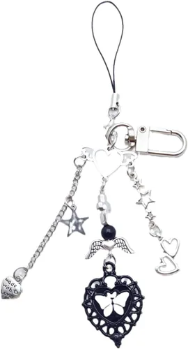 Vista 4 de hejhncii Llavero de cordón para teléfono, cadena de corazón de cruz negra, llavero para teléfono celular Y2K, cordón colgante para mujeres y niñas