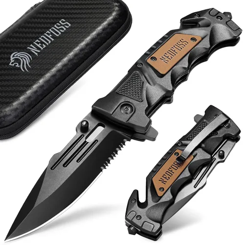 Vista 7 de NedFoss - Cuchillo plegable de bolsillo DA75, cuchillo de bolsillo 3 en 1 para hombres, cuchillo de supervivencia con cierre de forro de cinturón