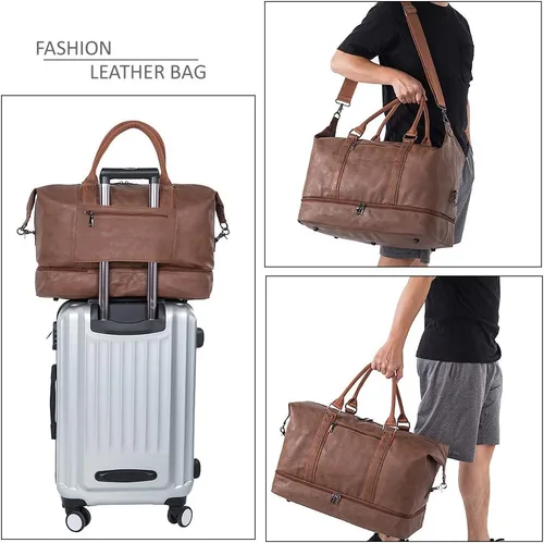 Vista 6 de Overnight - Bolsa de viaje de lona de cuero de gran tamaño para fines de semana bolsa de transporte grande para hombres o mujeres Marrón Clásico