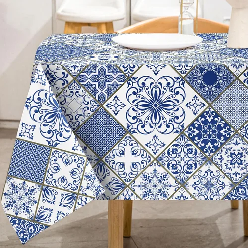 Vista 2 de AnyDesign Mantel de mosaico azul y blanco de 60 x 104 pulgadas, rectangular, moderno, para el hogar, cocina, comedor, suministros de decoración
