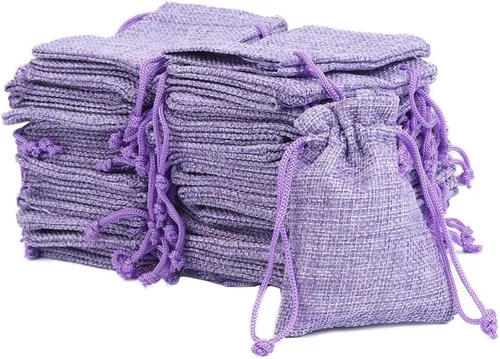 Vista 2 de Tvoip Paquete de 30 bolsas de arpillera con cordón, bolsas de regalo para bodas, fiestas y manualidades (morado claro, 4 x 5.5 pulgadas)
