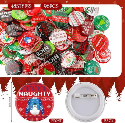 Vista 2 de Quelay 96 unidades de 48 estilos de suéter de Navidad con botones divertidos de refranes navideños a granel, accesorios de fiesta para suéter feo