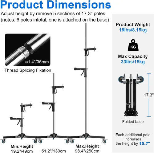 Vista 2 de Selens Soporte de luz resistente de 98.4"/250cm con 2 empuñaduras de pistola, postes desmontables, ruedas giratorias de 360°, adaptador de tornillo
