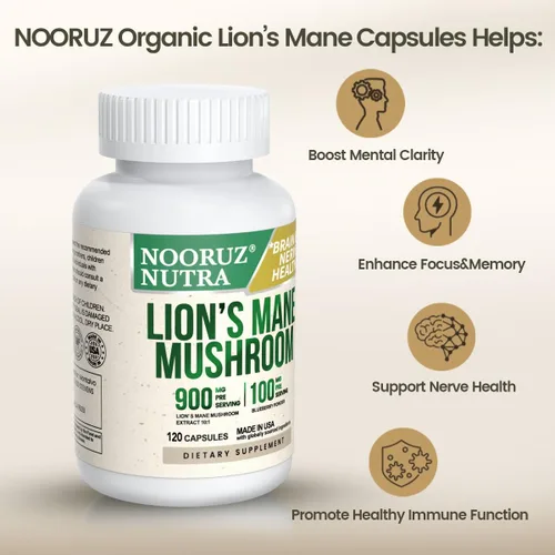 Vista 5 de Cápsula orgánica de melena de león: concentración 10:1 equivale a 10,000 mg de hongos, mejorada con arándanos para vitalidad, claridad mental