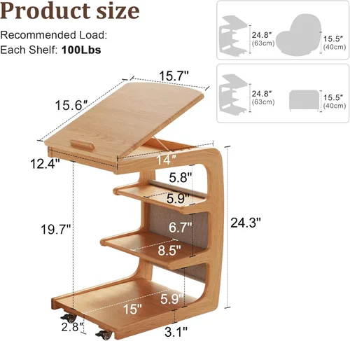 Vista 6 de AQIMUELE Mesa auxiliar de madera en forma de C, escritorio de sofá con 2 ruedas con cerradura, mesa de sofá de 4 niveles con bolsa de Natural