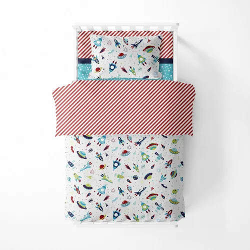 Vista 3 de Bacati - Juego de ropa de cama de algodón multicolor espacial de 4 piezas para niños, 100% algodón, incluye edredón reversible, sábana bajera