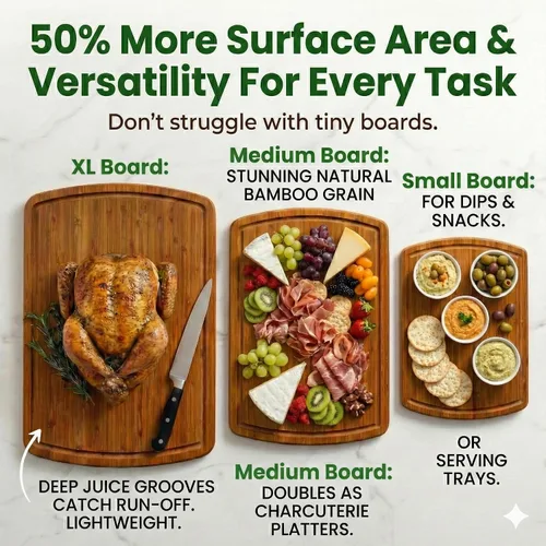 Vista 4 de Greener Chef Juego de tablas de cortar de bambú de lujo de 3 piezas con tecnología de resistencia de grano vertical carbonizada, tablas de cortar