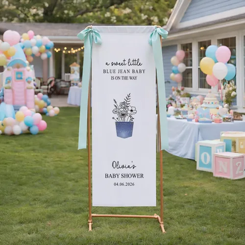 Vista 4 de Pancarta de Baby Shower de Blue Jean, pancarta personalizada de lino para baby shower