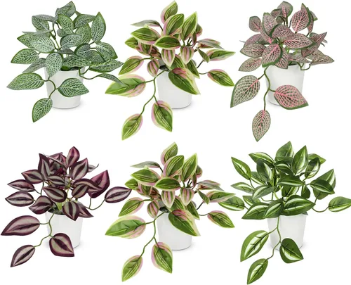 Vista 9 de Hollyone Plantas falsas, 2 paquetes de plantas artificiales de interior con maceta de plástico blanco, pequeña planta falsa en maceta para el hogar