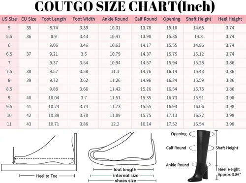 Vista 6 de Coutgo Botas altas de tacón grueso para mujer, botas altas clásicas de cuero con punta cuadrada con cremallera