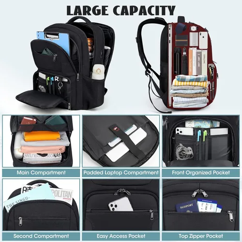Vista 2 de Mochila de viaje para laptop de 17 pulgadas, extra grande, con orificio de carga USB, 45L, antirrobo, resistente al agua, bolsa para computadora