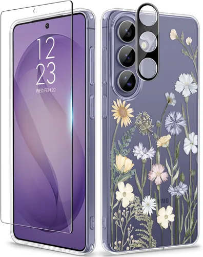 Vista 44 de GVIEWIN Funda protectora para Samsung Galaxy S25, transparente floral, delgada, a prueba de golpes, para mujer, no se pone amarilla, con protector