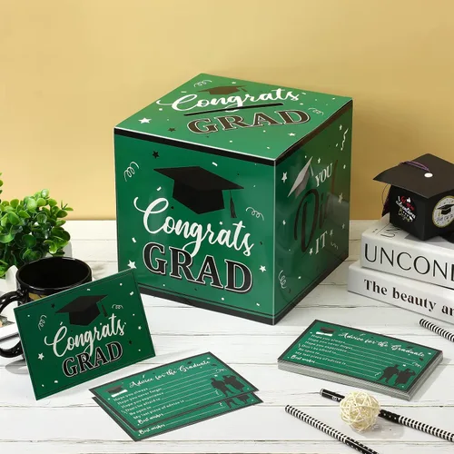 Vista 3 de Nezyo Caja para tarjetas de graduación con 30 tarjetas de consejo, caja de tarjetas de regalo de felicitaciones para clase de 2026, caja
