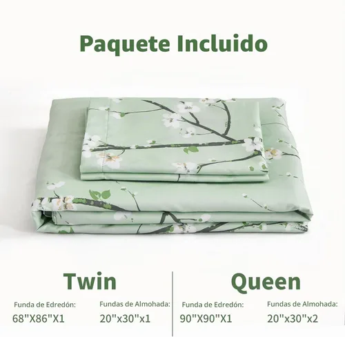 Vista 7 de WONGS BEDDING Juego de funda de edredón floral verde salvia Queen, 3 piezas juego de ropa de cama con estampado de flores de ciruelo con 2 fundas
