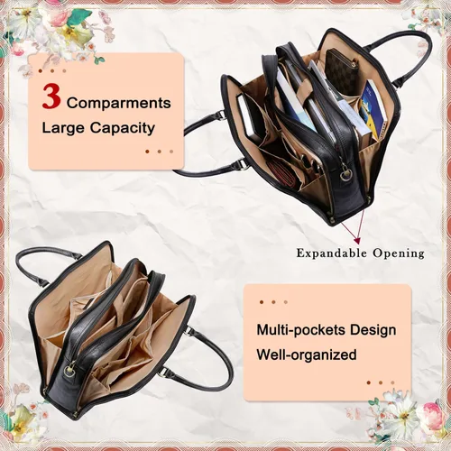 Vista 7 de Banuce Maletín de cuero italiano de granos completos genuinos para mujeres, bolsa de trabajo para computadora portátil de 15.6 pulgadas, color negro