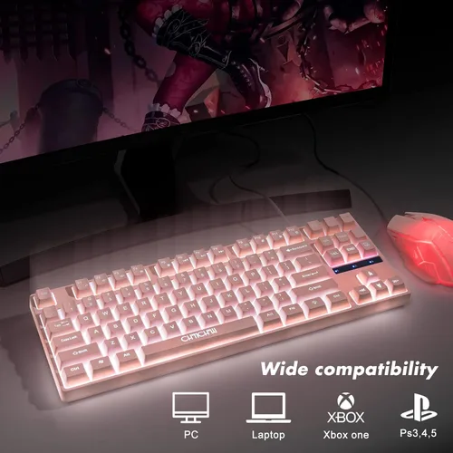 Vista 8 de CHONCHOW - Teclado y mouse para juegos rosa con retroiluminación blanca, teclado CHONCHOW USB con cable de 87 teclas para juegos mini y mouse