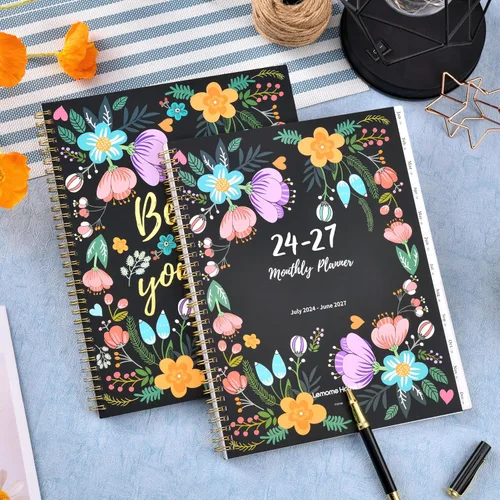 Vista 9 de Agenda mensual floral de 3 años, julio de 2024 a junio de 2027, con 36 pestañas mensuales coloridas y bolsillo