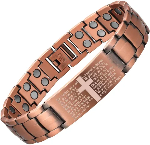 Vista 13 de MagEnergy Pulsera de cobre para hombre, pulsera magnética cristiana con imanes ultra fuertes, diseño de cruz bíblica ajustable, regalo de joyería