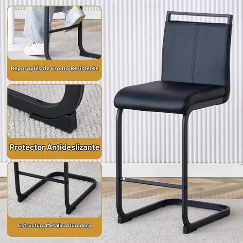 Vista 5 de gopop Juego de 2 taburetes de bar de altura de mostrador con respaldo, taburetes de cocina de cuero sintético negro con patas de metal recubierto