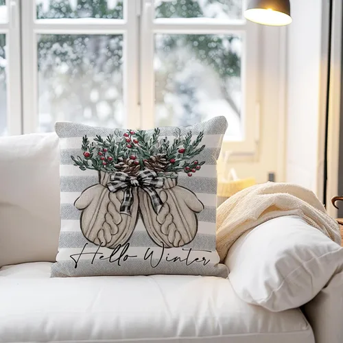 Vista 5 de Hello Winter Mitten - Funda de almohada decorativa gris de 16 x 16 pulgadas, guante, bayas rojas, rayas grises, porche, decoración del hogar al aire