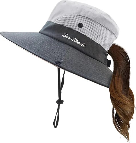 Vista 13 de Sombrero de verano para mujer, ala ancha, protección UV, plegable, para cola de caballo, para playa, pesca, senderismo Beige
