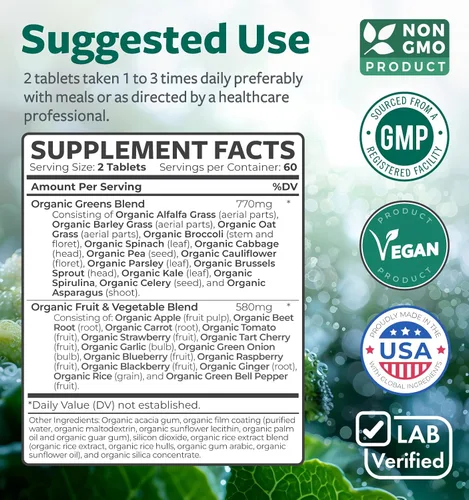 Vista 5 de Suplemento orgánico USDA Super Greens – Suplemento orgánico de frutas y verduras para adultos con 28 complejos de superalimentos con raíces