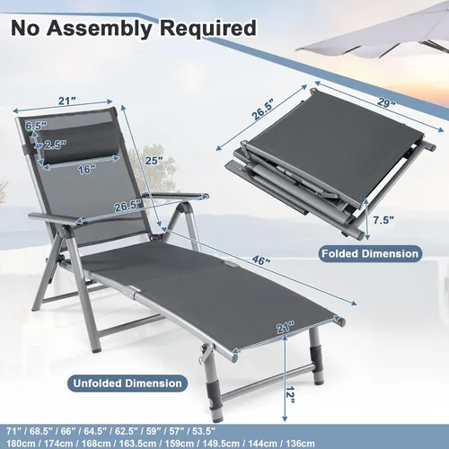 Vista 3 de HAPPYGRILL Sillón de aluminio para patio con respaldo ajustable de 8 posiciones, reposapiés de 2 posiciones, cómodo reposacabezas, silla reclinable
