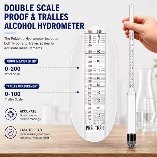 Vista 4 de Kit de Hidrómetro para Alcohol, Hidrómetro de Alcohol 0-200 Prueba y Tralle con Frasco de Prueba de Hidrómetro, Probador de Prueba de Alcohol