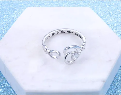 Vista 5 de Joyería de plata de ley 925 grabado I Love You To The Moon and Back Love Heart Open Ring