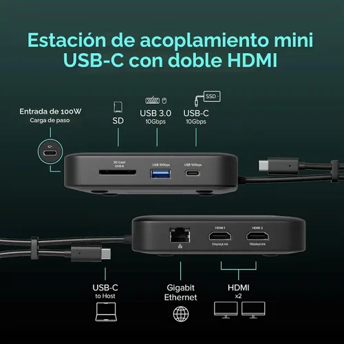 Vista 2 de Base DisplayLink USB-C 7 en 1 enchufable, Dual 4K 60Hz HDMI, carga PD