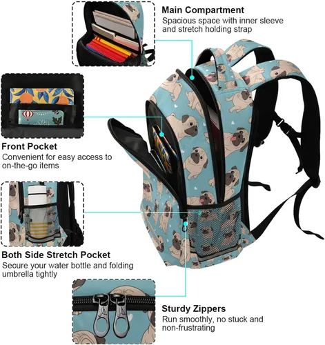 Vista 5 de ALAZA Divertidas mochilas de viaje para computadora portátil, mochila escolar para hombres, mujeres, adolescentes, niños, 33, Pugs de dibujos Pugs