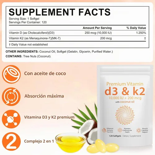 Vista 4 de Vitamina D3 K2 de 10000 UI – 240 cápsulas blandas de aceite de coco virgen, suplemento complejo de vitamina D y K 2 en 1, cápsulas blandas de apoyo