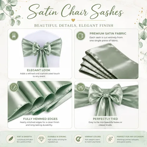 Vista 5 de Bandas de satén para silla, elegantes de alta calidad, 6 x 108 pulgadas, perfectas para bodas, fiestas y eventos