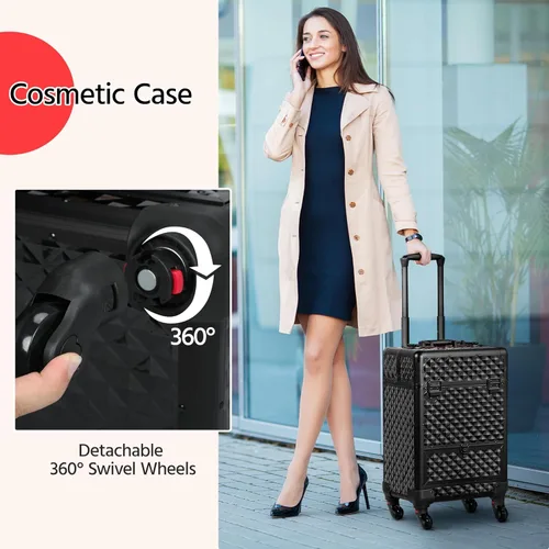 Vista 2 de Yaheetech Estuche de Maquillaje Tipo Tren con Ruedas, Estuche de Aluminio para Cosméticos con Ruedas, Estuche de Barbero para Salón, Carrito