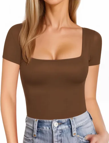 Vista 12 de MANGOPOP - Camisetas ajustadas de manga corta y manga larga con cuello cuadrado para mujer A01 Manga Corta Negro