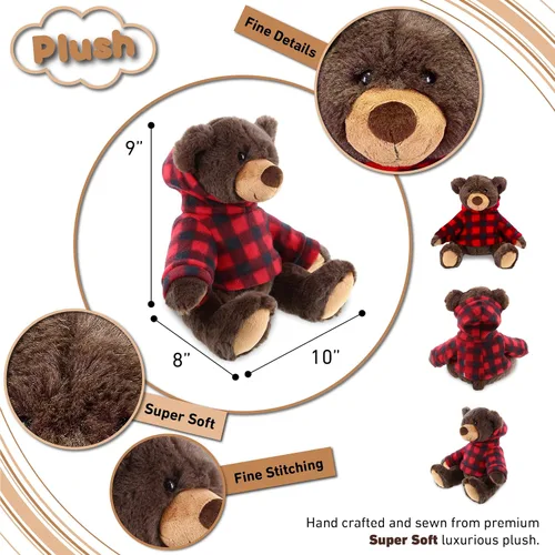 Vista 3 de DolliBu Oso marrón de felpa con capucha a cuadros rojos, oso suave y abrazable, adorable peluche de oso marrón del zoológico, bonito regalo